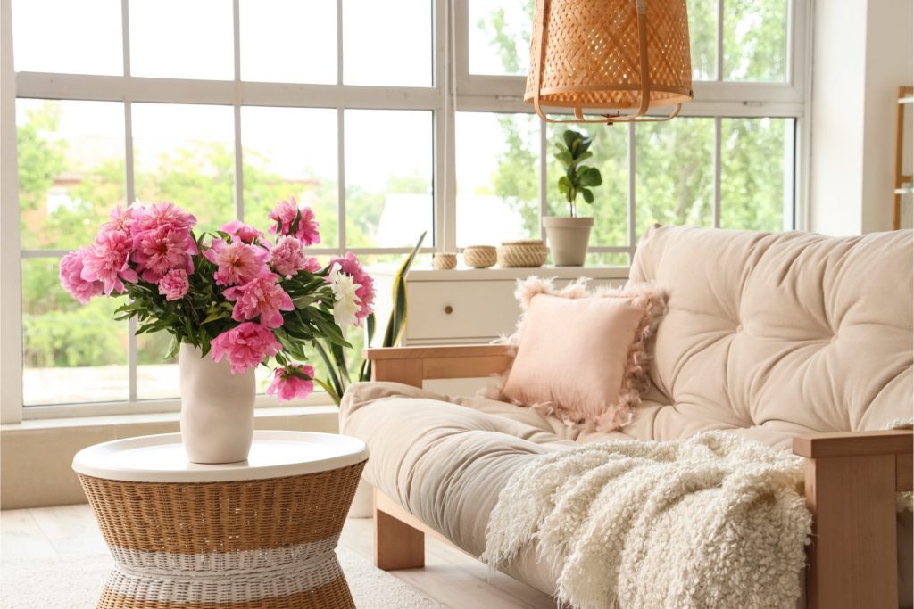 Clean living room with flowers beside a couch during spring house cleaning